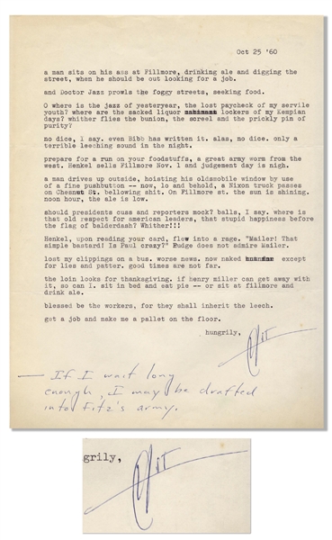 Exceptional Hunter S. Thompson Letter Signed That Reads Like a Short Story -- ''...lo and behold, a Nixon truck passes on Chesnut St. bellowing shit...now naked except for lies and patter...''
